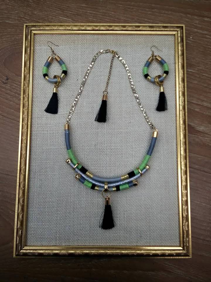 Mint & Obsidian Thread Wrapped Necklace Set